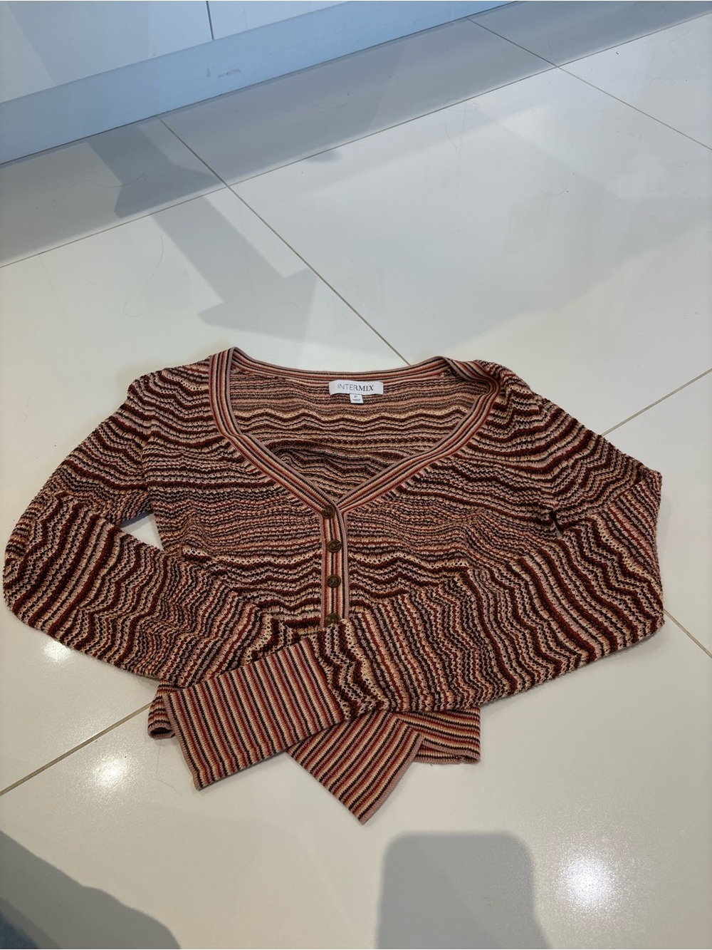 INTERMIX Rust and Cream Striped Knit Button-Front Top